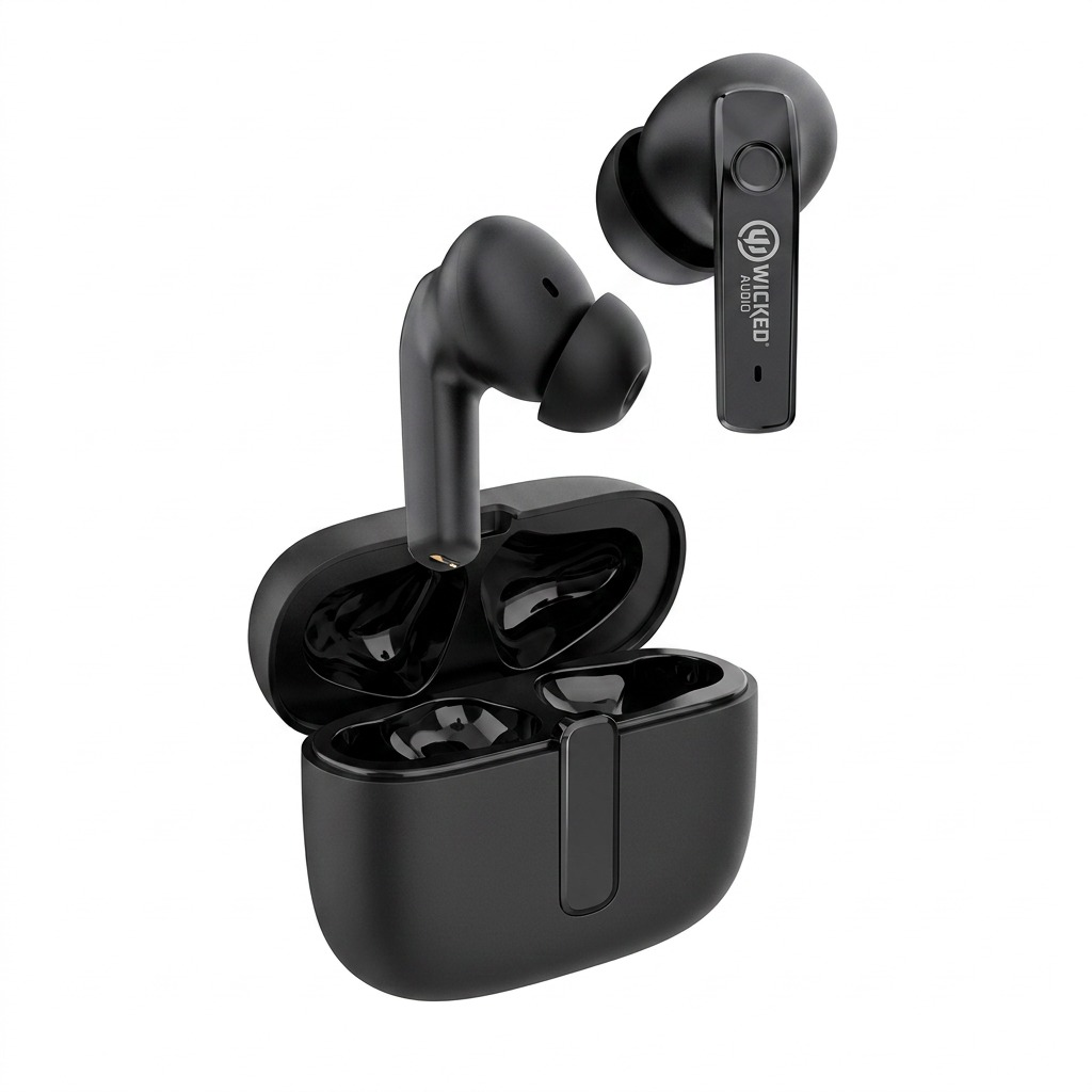 Wicked Audio Mojo 700 true wireless earbuds and open charging case hero shot.