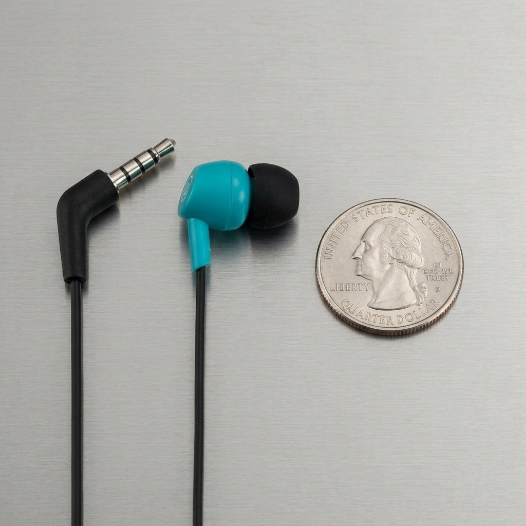 Scale reference photo: Wicked Audio Brawl earbud beside a common US quarter dollar coin.