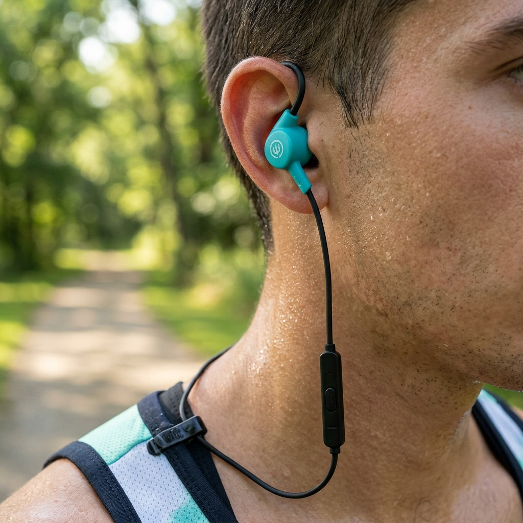 A lifestyle photo of a person wearing the distinct teal Wicked Audio Brawl earbuds while exercising.