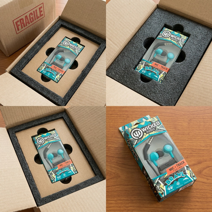 A photo-realistic flat lay shows the Wicked Audio Brawl earbuds' unique teal packaging nestling within form-fitting, protective cardboard and foam. A branded Wicked Audio label featuring the model, MPN 712949009982, and UPC 712949009982, is clearly visible, next to a 'Delivered Safely' icon with a Maple Leaf. A textured shipping envelope background hints at the secure, confidence-boosting journey.