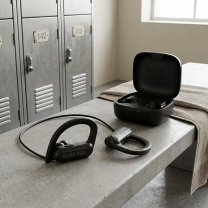 A close-up shot of the black Wicked Audio Raen earbud resting on a wooden gym locker bench.