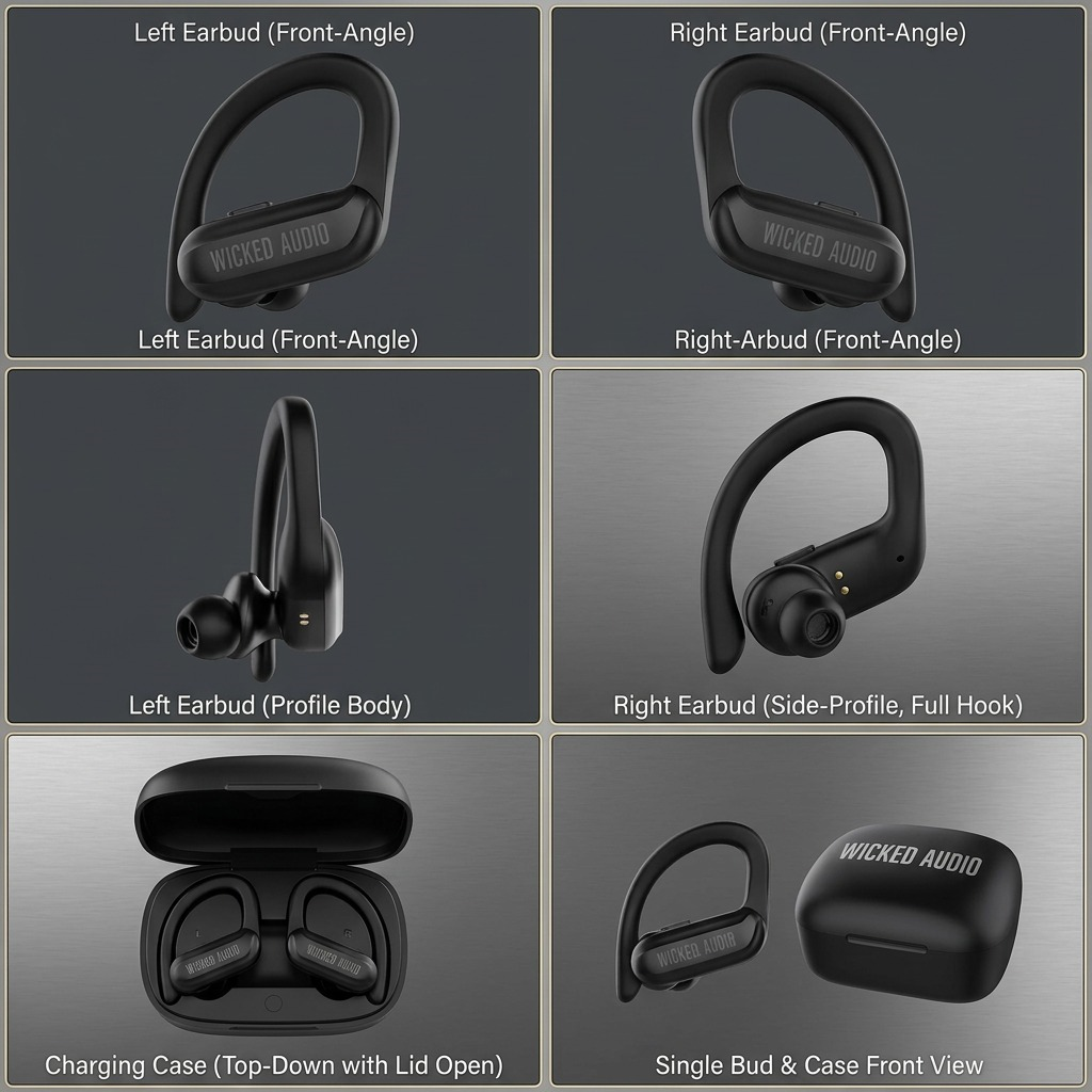 A matrix displaying the black Wicked Audio Raen Sport Earbuds (WI-TWAPP3150) from four different orientations: front angle, side profile, rear angle, and a top view with case.