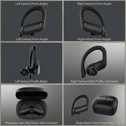 A matrix displaying the black Wicked Audio Raen Sport Earbuds (WI-TWAPP3150) from four different orientations: front angle, side profile, rear angle, and a top view with case.