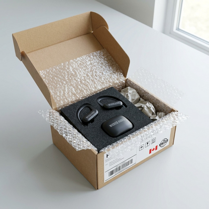 A photo of the Wicked Audio Raen earbuds in protective shipping foam, emerging from a partially open kraft box.