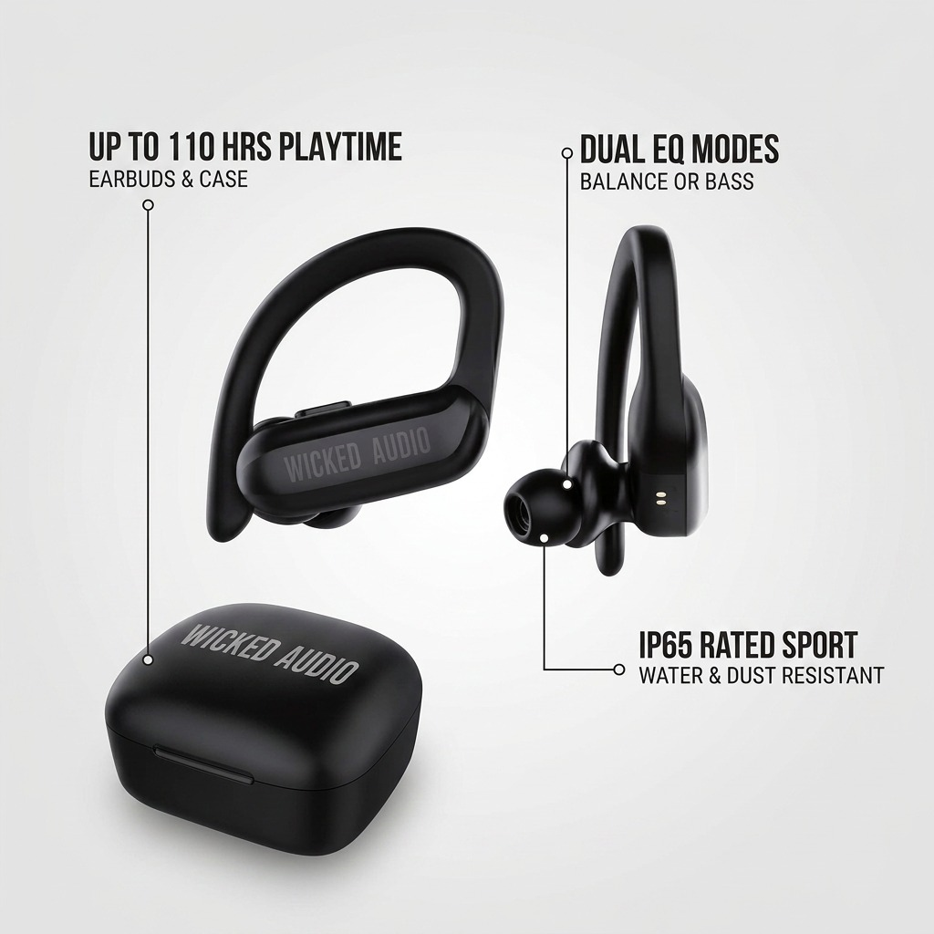 Wicked Audio Raen features: 110+ hour playtime, dual EQ modes, and IP65 sport durability.