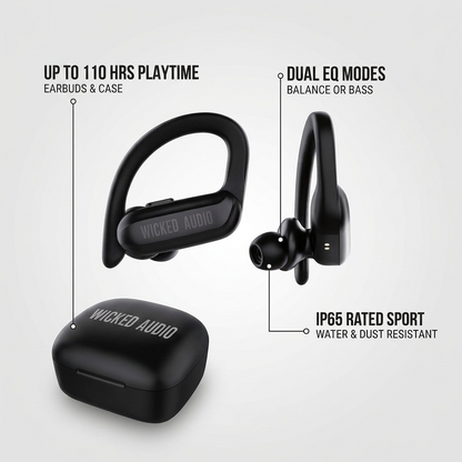 Wicked Audio Raen features: 110+ hour playtime, dual EQ modes, and IP65 sport durability.
