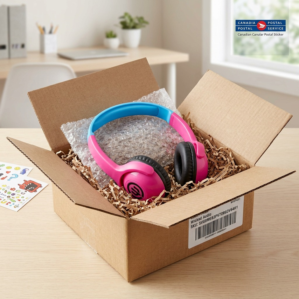 Product PDP: A Wicked Audio Tricky Tike Kid Safe Candy Pink headphone, as seen in image_0.png, rests safely in protective shredded paper and bubble wrap inside an open, neutral shipping box on a clean ecommerce surface, ready for a worry-free unboxing.