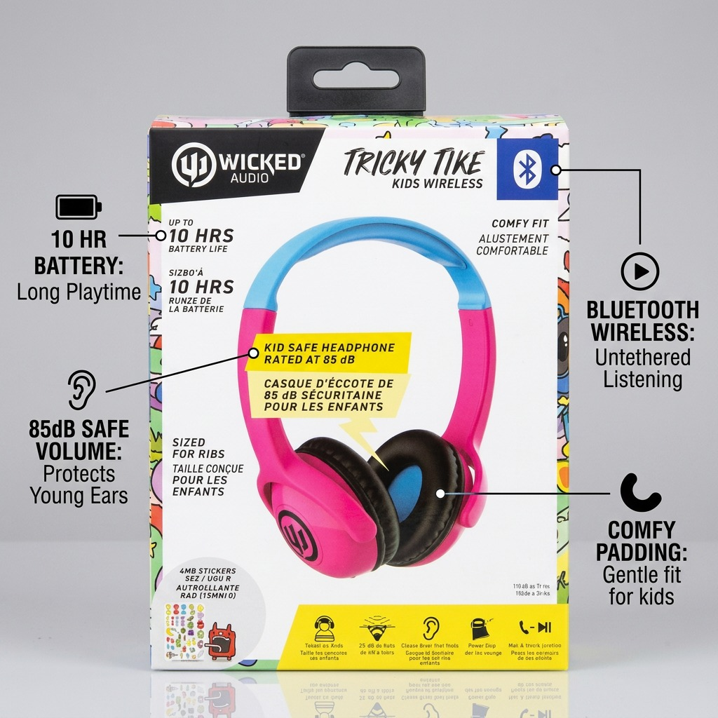 Callout infographic showing Wicked Audio pink kids' wireless headphones performance features.