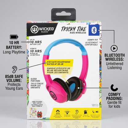 Callout infographic showing Wicked Audio pink kids' wireless headphones performance features.