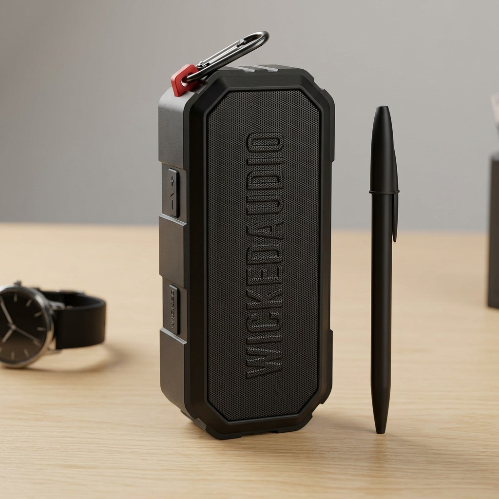 Wicked Audio Growl speaker on a wood desk next to a pen for size comparison.