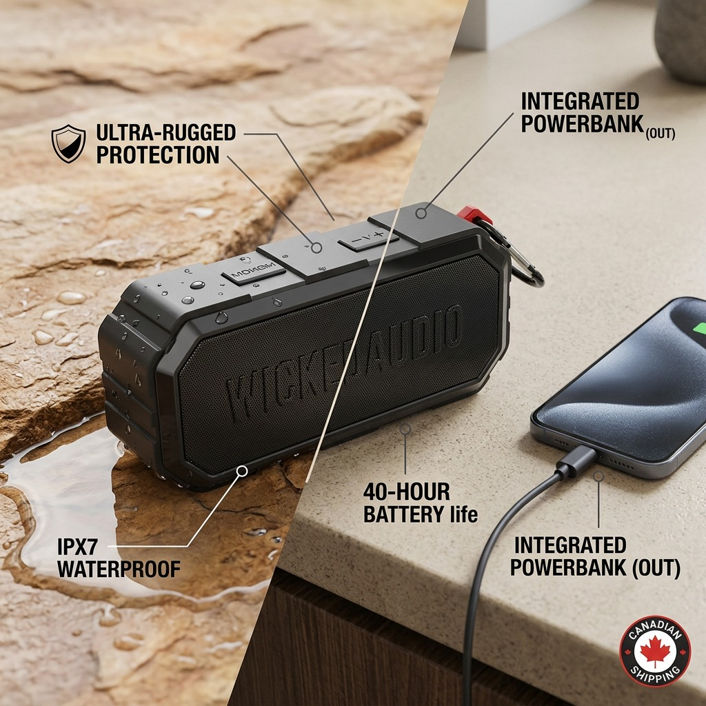 Wicked Audio Growl speaker PDP feature matrix, showing powerbank and IPX7 facts with small icons.