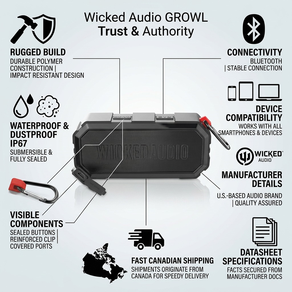 Infographic showcasing Wicked Audio GROWL speaker features, quality, and fast shipping.