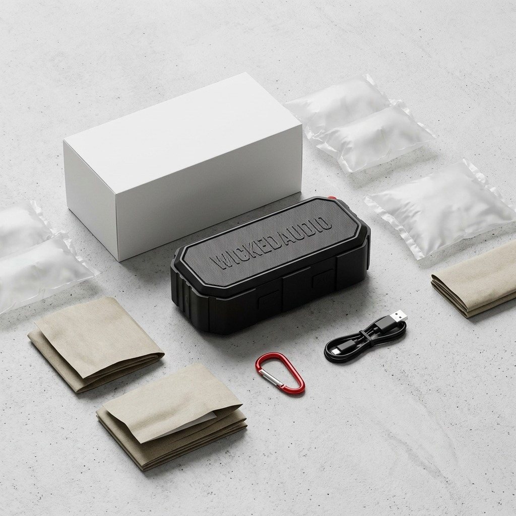 Premium unboxing scene of the Wicked Audio Growl speaker with protective shipping materials.
