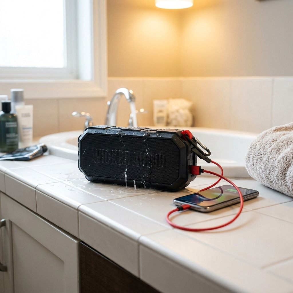 Lifestyleshot of Wicked Audio Growl speaker on a tiled bathroom counter, wet and charging a phone.