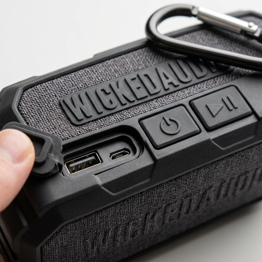 An extreme close-up shot focusing on the tactile volume up (+) rubber button and a section of the textured black metal mesh grille of the Wicked Audio Growl rugged speaker, emphasizing its durable materials.