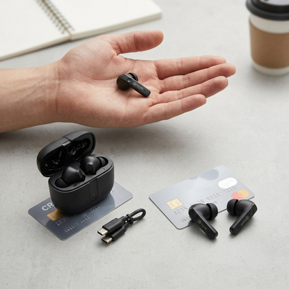 Scale photo of black Wicked Audio Mojo 800 earbuds next to a human hand and credit card.