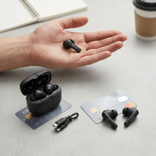 Scale photo of black Wicked Audio Mojo 800 earbuds next to a human hand and credit card.