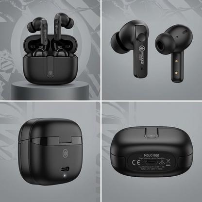 A photographic grid matrix showcasing multi-angle views of the Wicked Audio Mojo 800 black TWS earbuds and case.