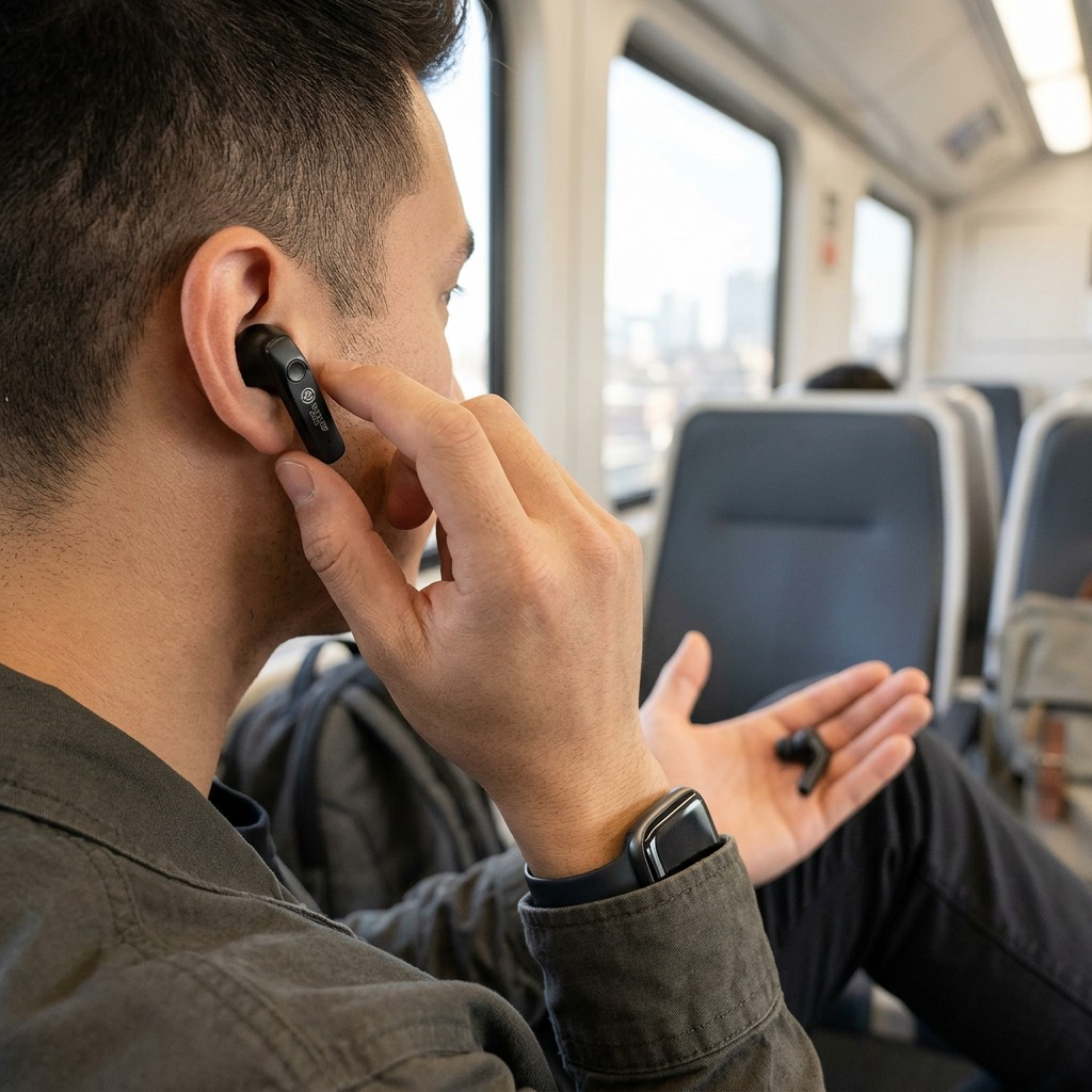 A man in a casual hoodie uses Wicked Audio Mojo 800 earbuds during a train ride, with a city blurred through the window.