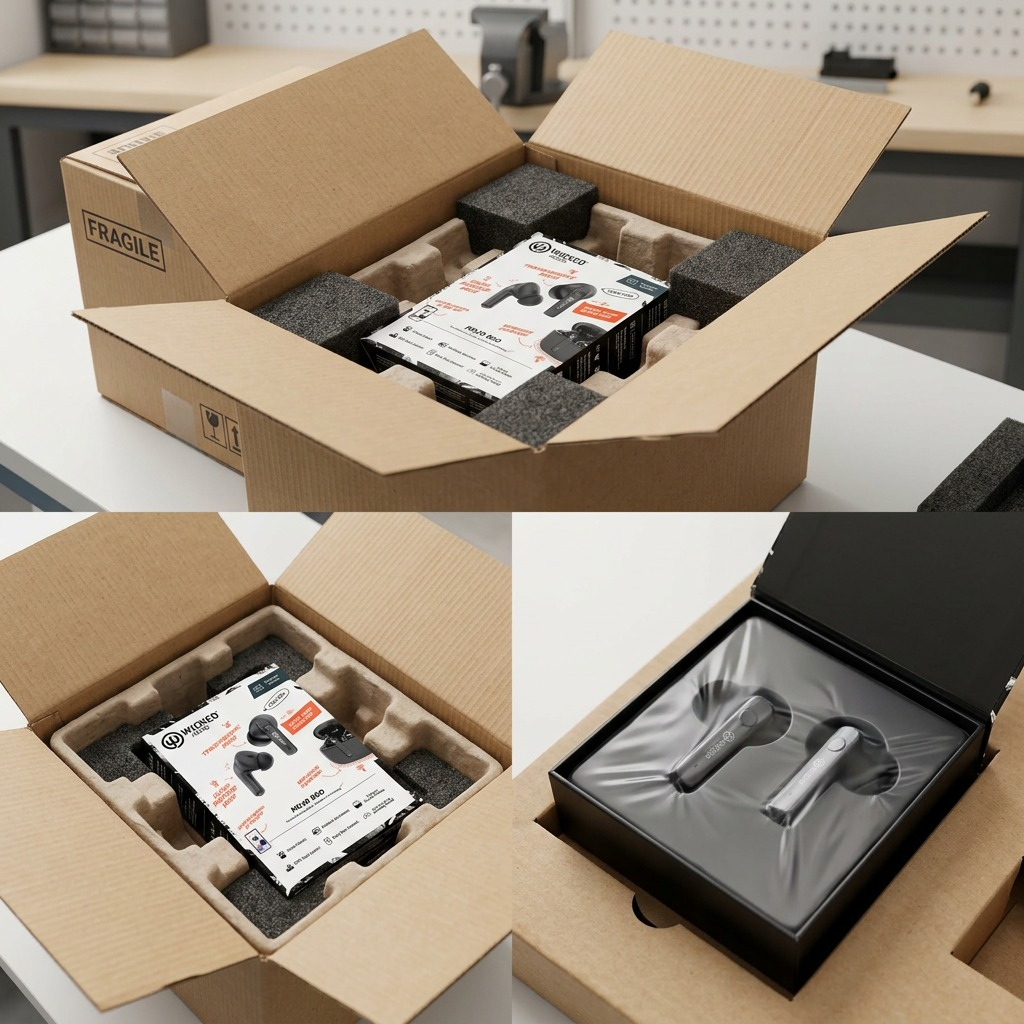 Visual matrix showing opened shipping box with the Mojo 800 TWS product secure.