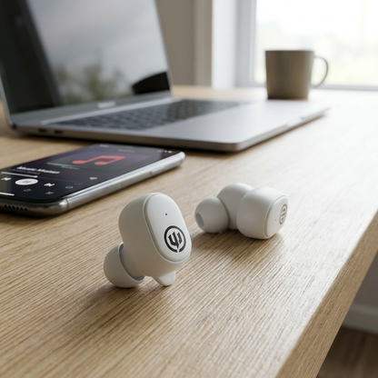 A high-angle shot in a clean home office, featuring the Wicked Audio Embr white earbuds on a desk. They rest on a textured wooden surface next to a smartphone displaying 'Embr Connected' and a closed laptop. Soft daylight enters from a window. Realistic scale, neutral composition. There are no logos or text added to the image.