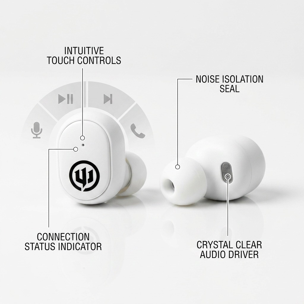 Wicked Audio Embr TWS White earbuds with callout lines highlighting touch controls, noise isolation, connection status, and audio drivers.