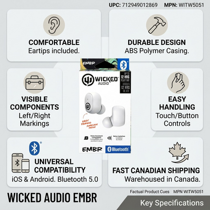 Trust infographic: Wicked Audio Embr TWS earbuds factual cues, build, and fast Canadian shipping.