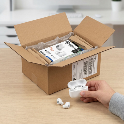 A close-up photograph of a partially unboxed Wicked Audio Embr TWS WHITE pair on a light wooden table within a brown cardboard shipping box, packed with biodegrable packing peanuts.