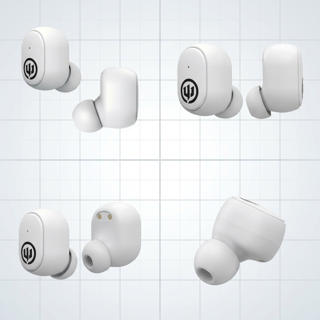 Matrix displaying Wicked Audio Embr TWS WHITE earbuds from four distinct angles on a neutral grid background.