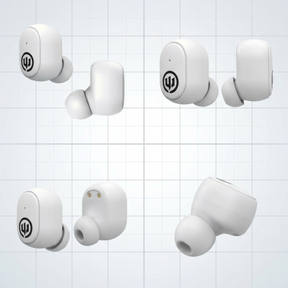 Matrix displaying Wicked Audio Embr TWS WHITE earbuds from four distinct angles on a neutral grid background.