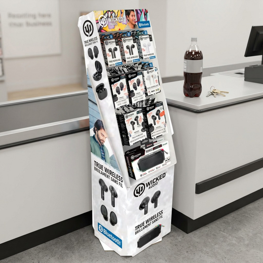 A visual scale comparison of the Wicked Audio merchandise display next to common store items for true size reference.