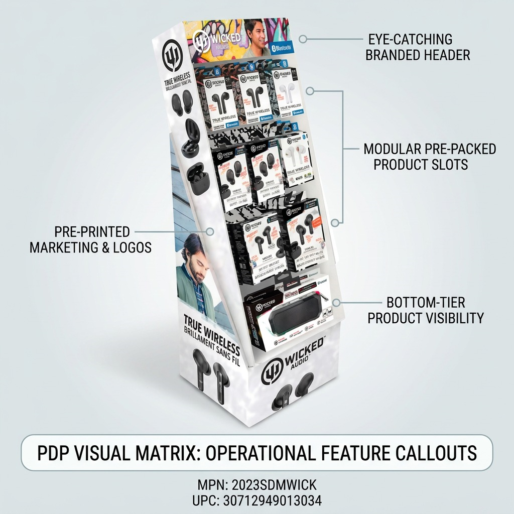 Ecommerce graphic for Wicked Audio display, featuring callouts for branding, product slots, and visibility.