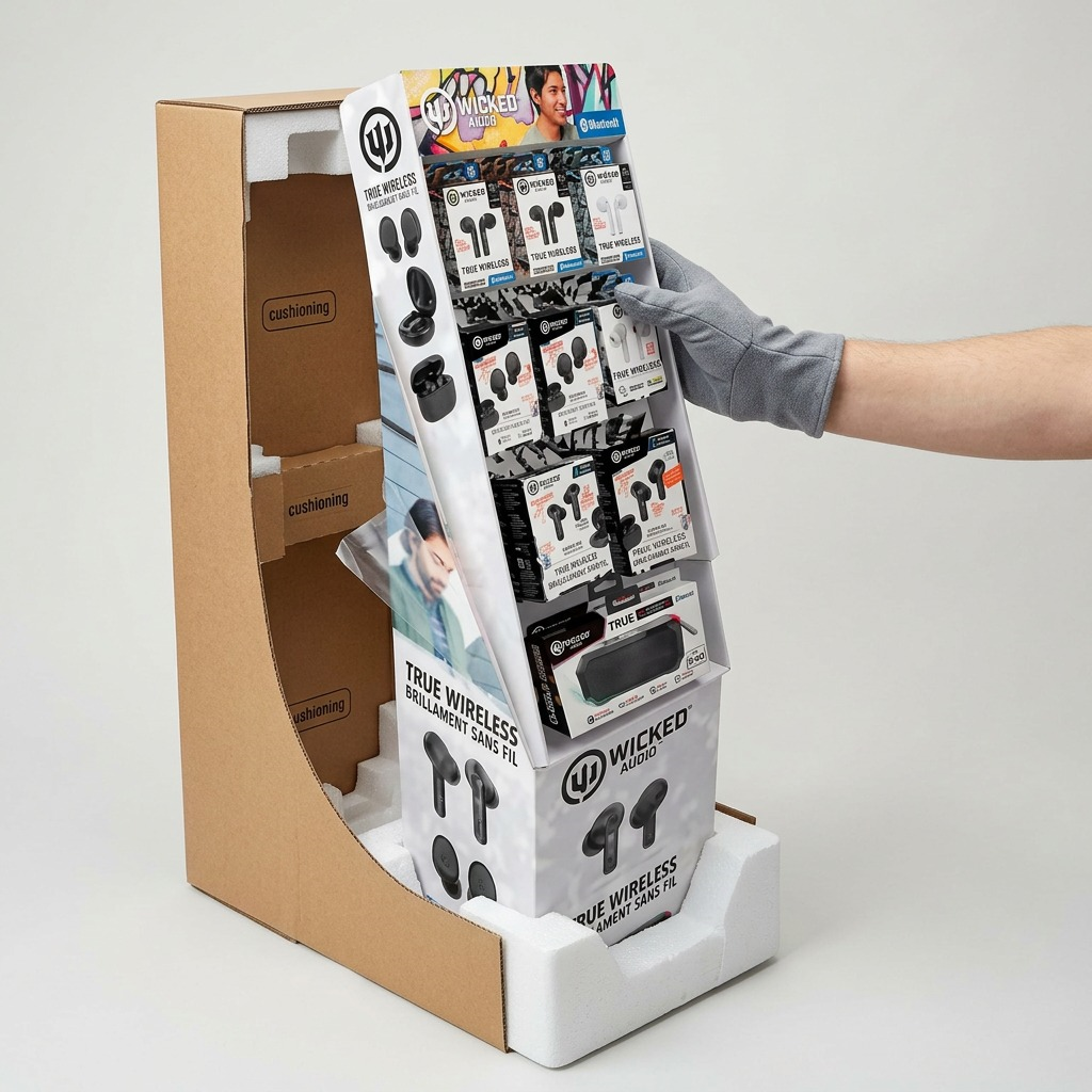 A realistic, premium unboxing scene for the Wicked Audio Holiday Display, highlighting protective shipping.