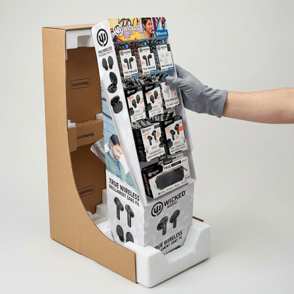 A realistic, premium unboxing scene for the Wicked Audio Holiday Display, highlighting protective shipping.