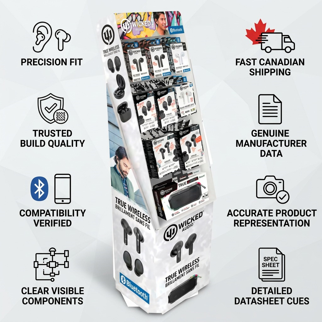 An information matrix graphic featuring the Wicked Audio Holiday Display with fact-based trust icons and tags.