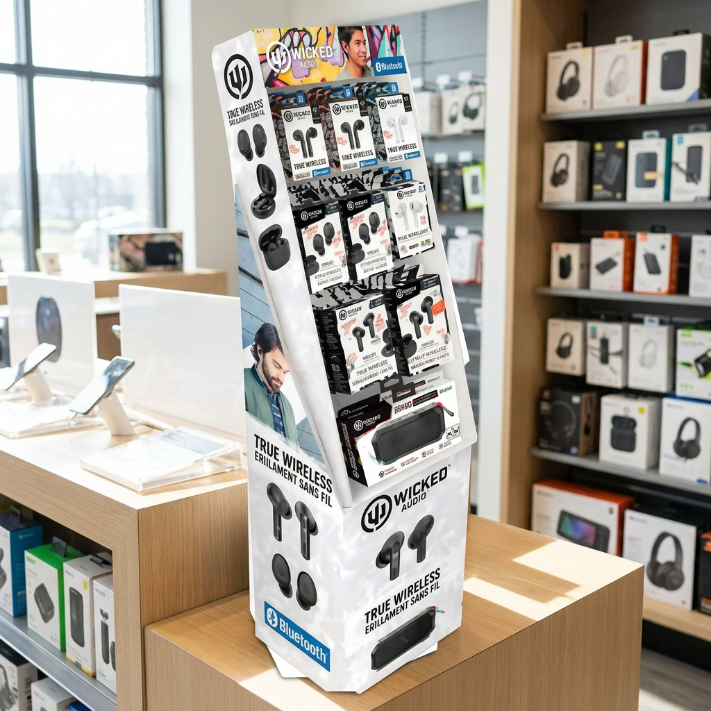 The Wicked Audio 2023 Holiday retail display stand in a modern electronics store environment.