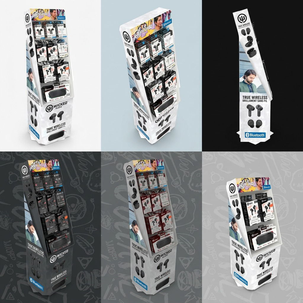 A six-panel comparison grid showcasing the visual-reference matching Wicked Audio retail displays in unique color schemes.