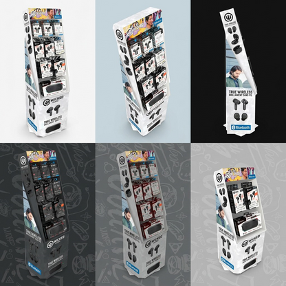 A six-panel comparison grid showcasing the visual-reference matching Wicked Audio retail displays in unique color schemes.