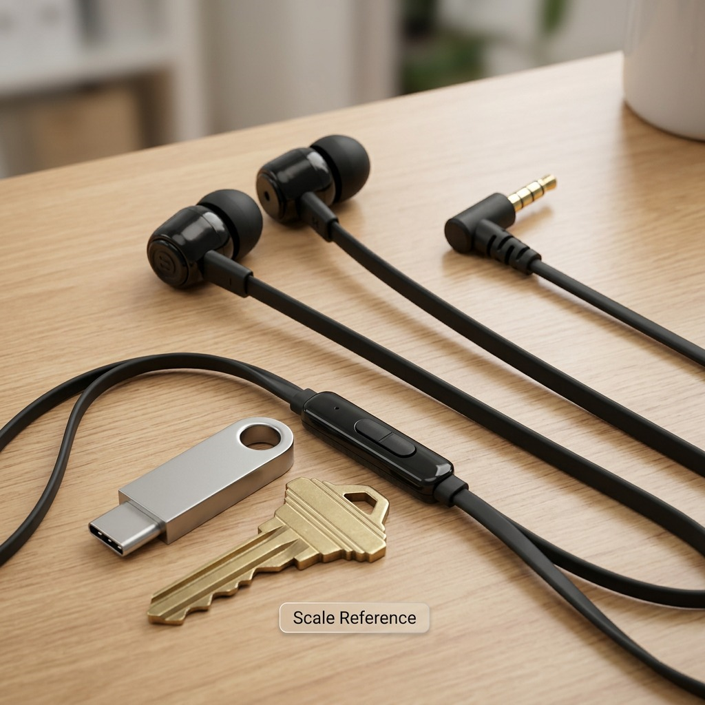 Wicked Audio Hiro earbuds shown on a wooden desk next to a flash drive and key for size comparison.