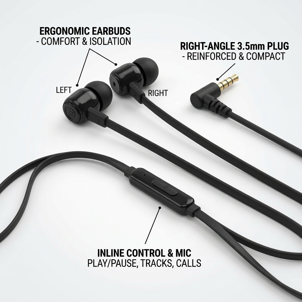 Feature graphic for Wicked Audio Hiro earphones (WI1750), highlighting key specs and controls.