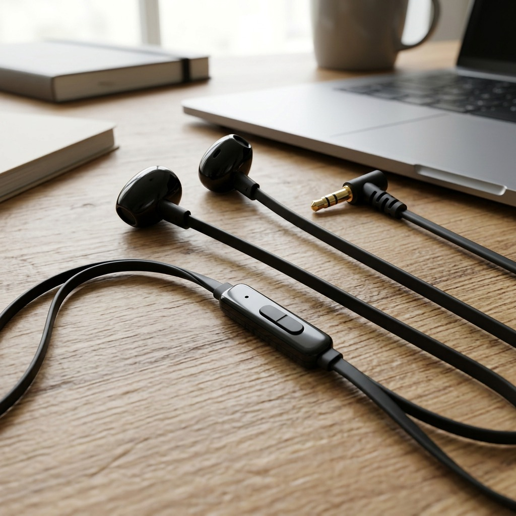 A lifestyle photograph of the black Wicked Audio Hiro Wired Earbuds on a wooden desk next to a laptop.