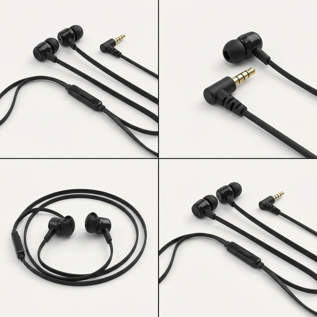A clean ecommerce grid showing four pairs of Wicked Audio Hiro Wired earbuds in black from angled views.
