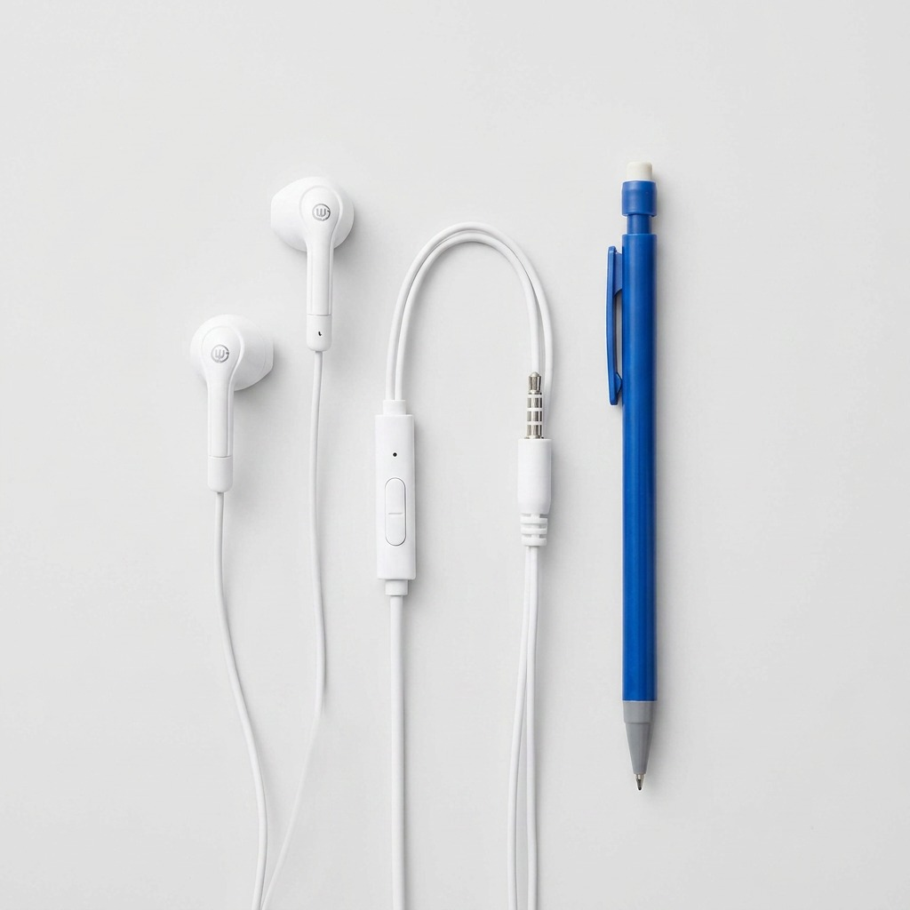 Scale comparison: White Wicked Audio Brawl earbuds shown next to a standard mechanical pencil.