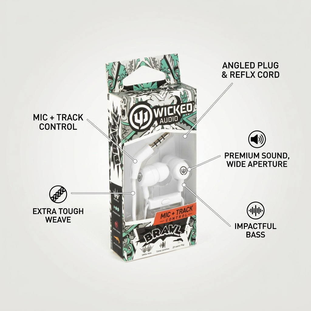 Clean ecommerce product image and feature callouts. Text reads: (right side, pointing to the control mic) MIC + TRACK CONTROL; (left side) REFLX CORD. At the bottom, white icons: (icon left, white hands clapping) EXTRA TOUGH WEAVE; (icon center, sound waves) WIDE APERTURE SOUND DRIVE; (icon right, a crown) CROWN DYNAMIC DRIVER DESIGN