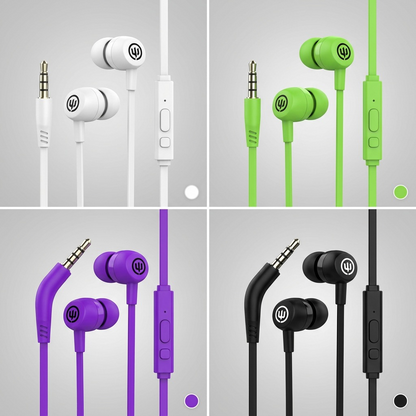 A PDP visual grid displaying Wicked Audio Brawl earbuds in four product colors: white, green, purple, and black.