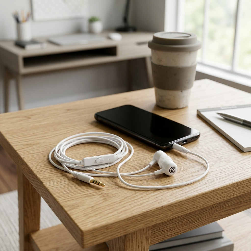 A close-up photograph of the white Wicked Audio Brawl earbuds plugged into a smartphone on a wooden table.