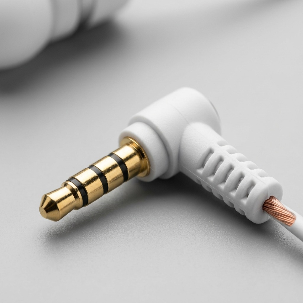 A macro view of the gold-plated 3.5mm plug and coiled cable entry on the Wicked Audio Brawl earphones.