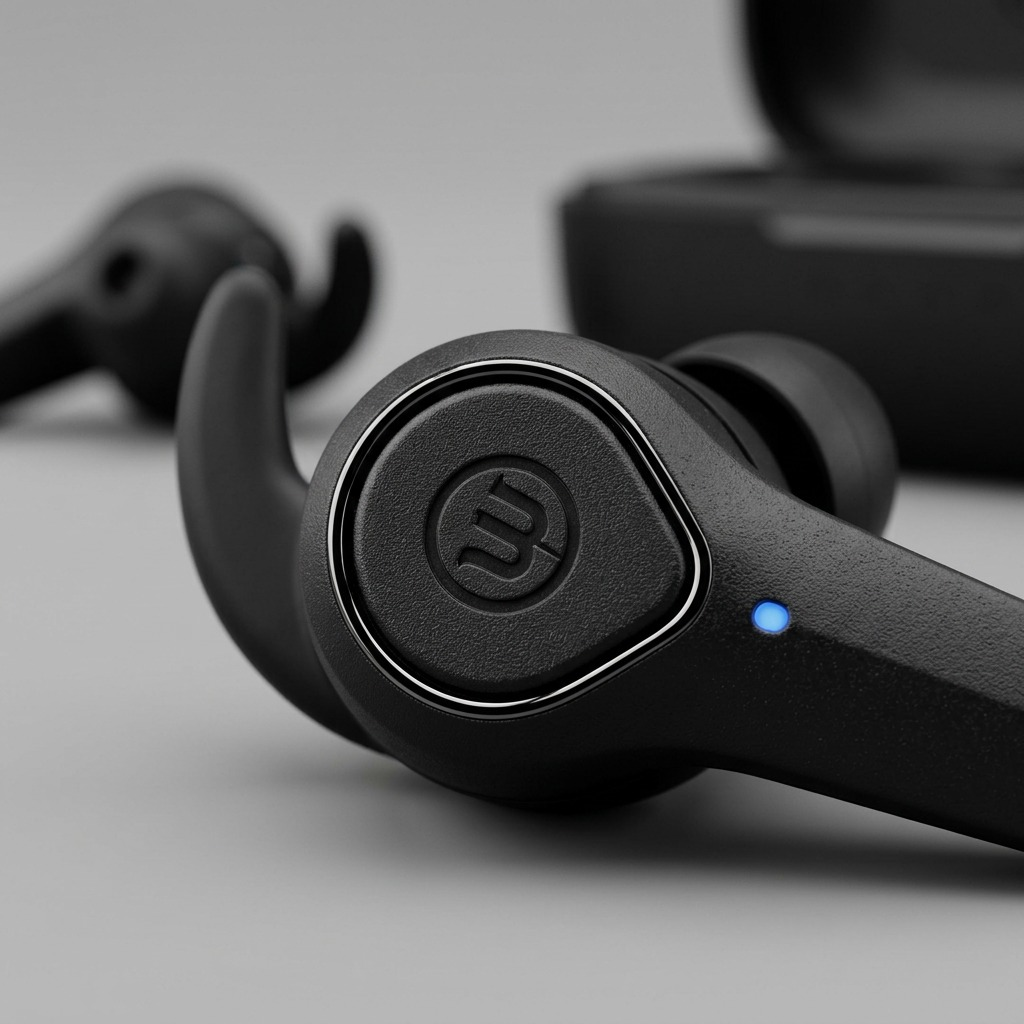 Macro angle of Wicked Axoma earbud's touch control button, LED status light, and fin.