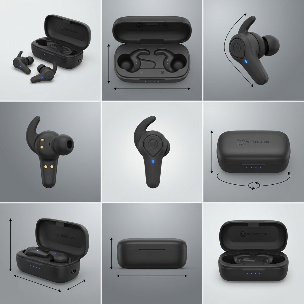A 3x3 grid presenting a matte black Wicked Audio earbud and its open charging case from multiple distinct angles on a soft, cohesive gray-to-black gradient.