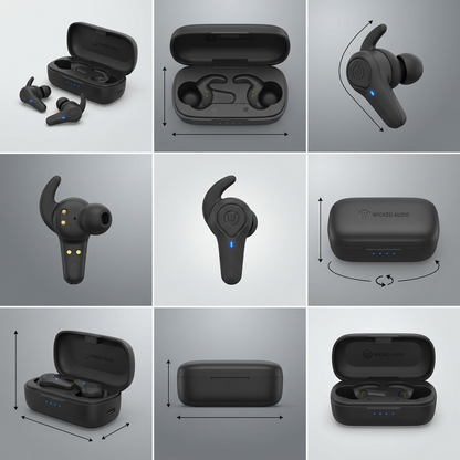 A 3x3 grid presenting a matte black Wicked Audio earbud and its open charging case from multiple distinct angles on a soft, cohesive gray-to-black gradient.